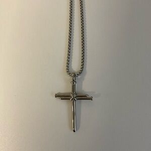 Men's Silver Cross Pendant Necklace - Polished Stainless Finish